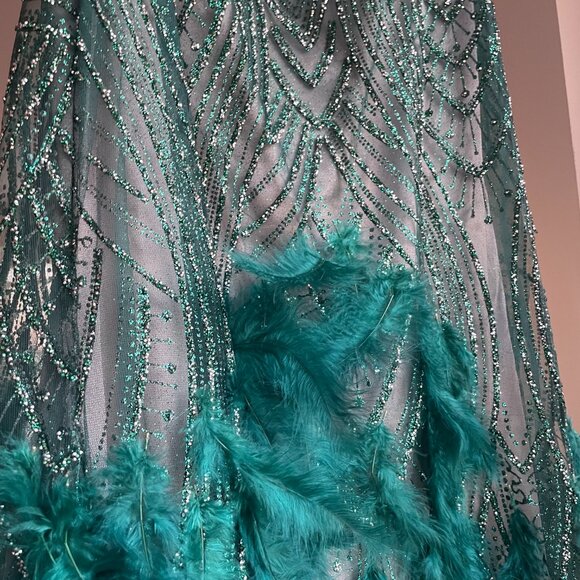 Emerald Sequin & Feather Gown – Size 14, Worn Once - Picture 5 of 6
